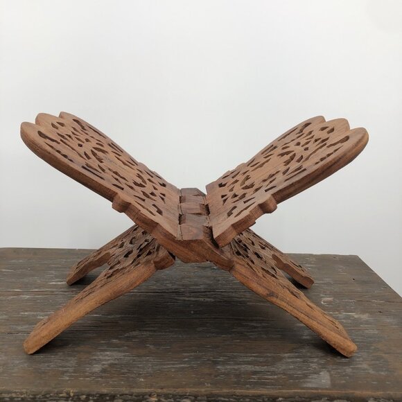 Vintage Teak Wood Book Holder Stand Hand Carved Floral Leaf Design Folding Decor - Picture 5 of 12